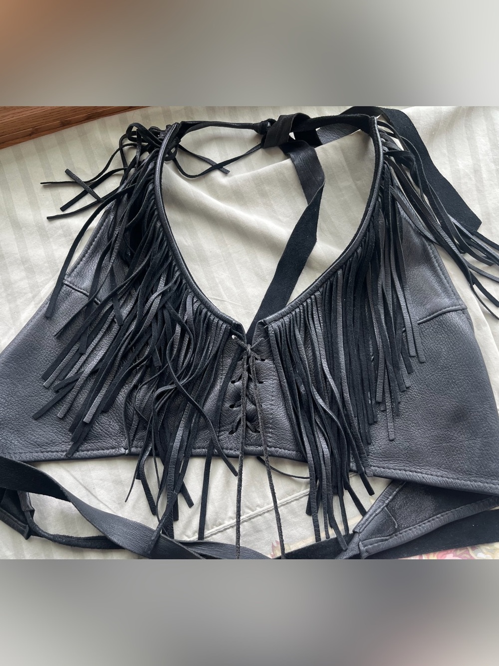 Deadstock Amazing Butter Soft Black Leather Fringe Halter Top like new..  Vinta